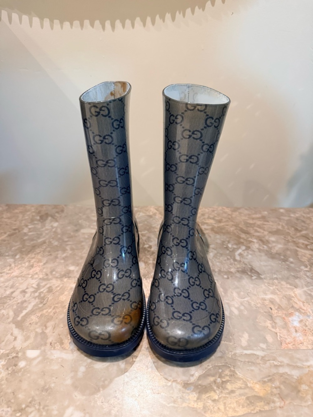 Gucci Kids Glossy Gray Monogram Rain Boots